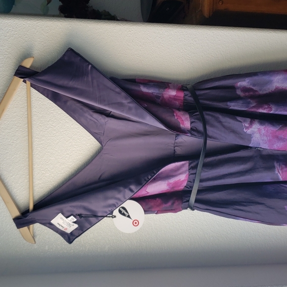 Neiman Marcus Lela Rose High Low Purple Flower Watercolor Dress Leather Belt - Picture 7 of 7